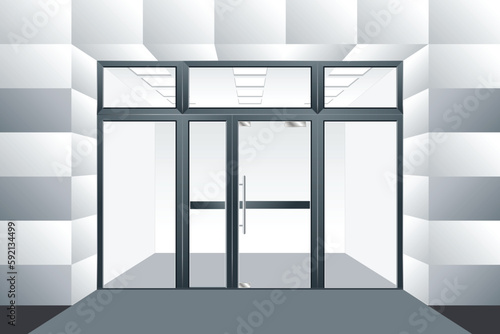 Realistic facade of shopping mall with glass doors and windows. Entrance modern glass doors, office or shop mall steel frame. Vector illustration.