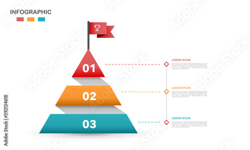 Infographic pyramid 3 options or steps with flag. Steps to success. Vector illustration.