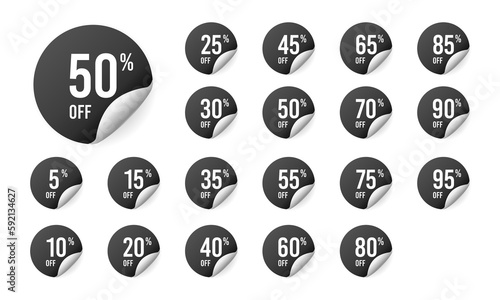 Set of stickers. Percent discount circle black labels. Vector illustration.