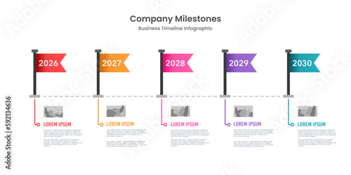 Company milestones timeline infographic with flags. business to success. Vector illustration.