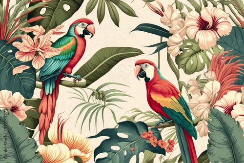 Illustration of a tropical rainforest with parrots. Generative AI. decorative background in soft colours © Divyesh