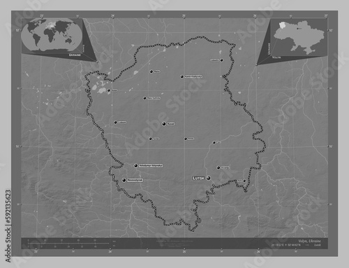 Volyn, Ukraine. Grayscale. Labelled points of cities photo