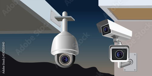 CCTV, Network speed dome camera. Ceiling mounts security IP cameras and surveillance system. Low light camera. Vector 3d illustration.