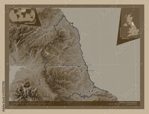 North East, United Kingdom. Sepia. Labelled points of cities photo