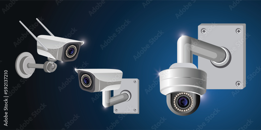 Security camera set. Dome camera and bullet camera. Wall and ceiling mount CCTV surveillance system. Vector 3d illustration. Security camera set. Dome camera and bullet camera. Wall and ceiling mount CCTV surveillance system. Vector 3d illustration.