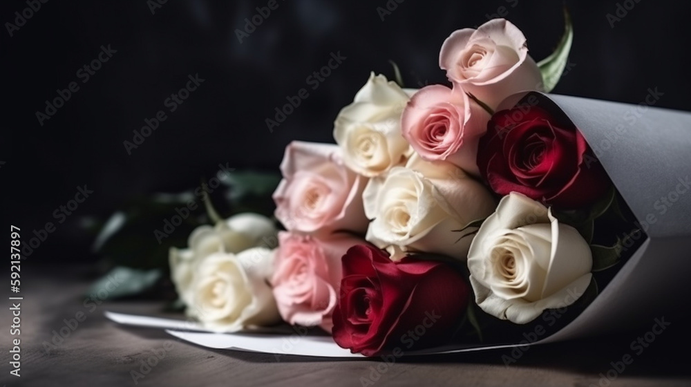 Bouquet of roses with white envelope. front view Bouquet of roses with white envelope. front view