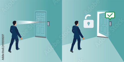 Face Recognition and access control terminal. Access control facial recognition surveillance system at checkpoint. People getting access to entry into company by face recognition technology. Vector.