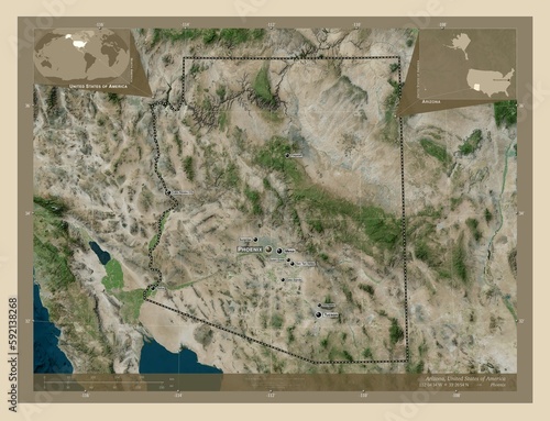 Arizona, United States of America. High-res satellite. Labelled points of cities