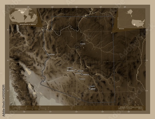 Arizona, United States of America. Sepia. Labelled points of cities