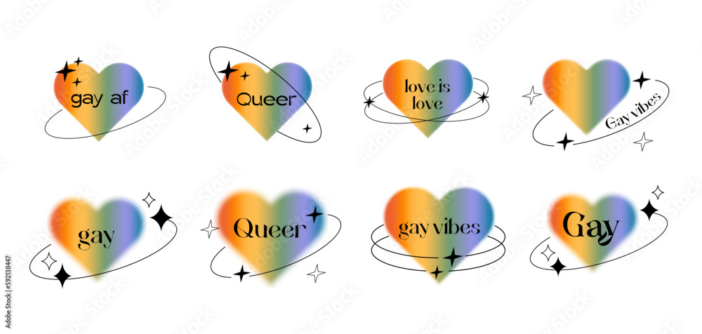 Vector set of blurry rainbow color heart aura with linear frame, shapes and retro typography. Pride month graphics. Queer gay love symbol logo in trendy y2k style. Minimalist gradient hearts with text