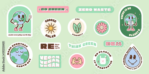 Save the planet stickers in trendy retro cartoon style. Sticker pack for Earth or World Environment Day. Funny vector illustration of planet Earth, globe with smiley face. Eco green labels or badges.
