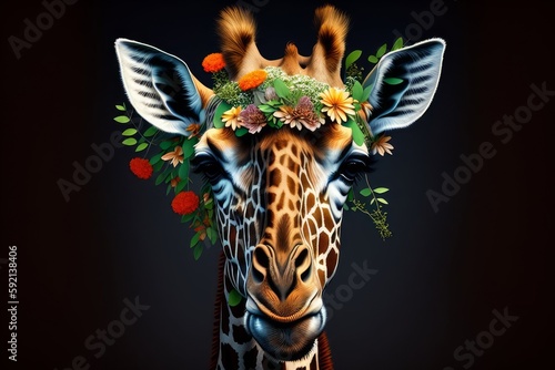 Giraffe portrait with flowers and leaves, Creative animal portrait, grey background, Generative AI