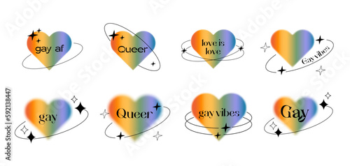 Vector set of blurry rainbow color heart aura with linear frame, shapes and retro typography. Pride month graphics. Queer gay love symbol logo in trendy y2k style. Minimalist gradient hearts with text © millering
