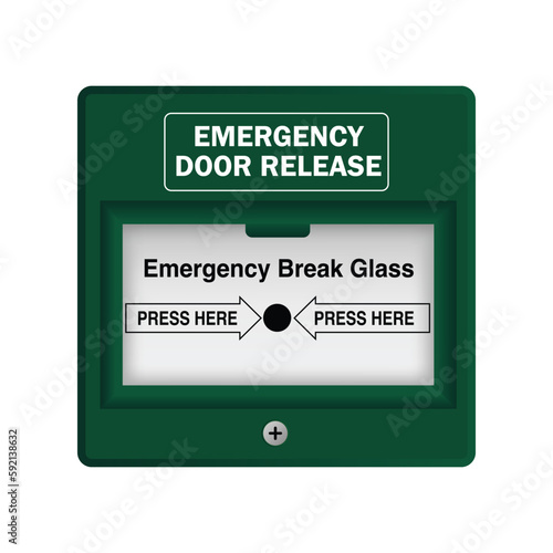 Green Emergency exit unlocking box, Break Glass Operated. Emergency door release. A green emergency door release button isolated on a white background. 