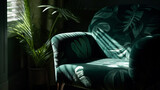 tropical leaf shadow on green armchair Generative AI
