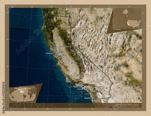 California  United States of America. Low-res satellite. Labelled points of cities
