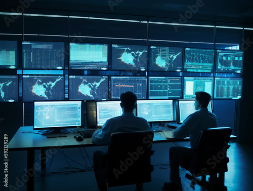 A team of data scientists analyzing large amounts of data on multiple computer screens.