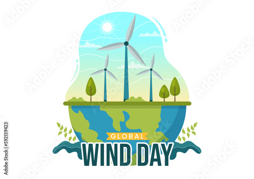 Global Wind Day Vector Illustration on June 15 with Earth Globe and Winds Turbines on Blue Sky in Flat Cartoon Hand Drawn Landing Page Templates