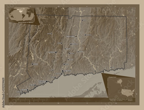 Connecticut, United States of America. Sepia. Labelled points of cities photo