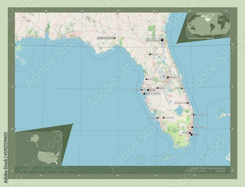 Florida, United States of America. OSM. Labelled points of cities