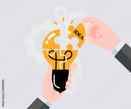 Lightbulb with a jigsaw puzzle on cog background. inspiration creative idea concept. Startup business innovation. Vector illustration for banner, poster, and background.