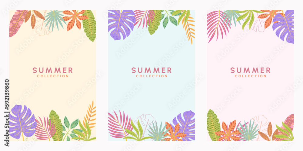 Abstract summer background with tropical palm leaves. Texture in blue and orange, jungle, beach theme. Set of backgrounds for posts, social network, flyer, card, sale Vertical template, place for text