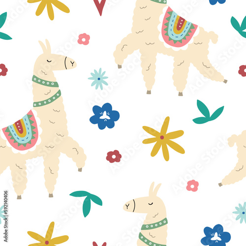 Vector seamless pattern with cute lamas in bright colors in scandinavian style. Cute cartoon lama. Ideal for children's printed materials.