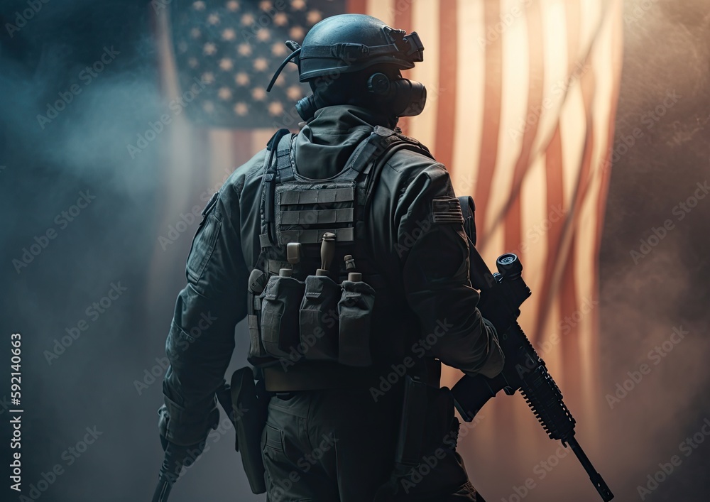 4th of July concep. portrait of A soldier in front of a flag of the USA. The soldier with the gun in front of a flag. portrait soldie standing in front of usa flag. Non-existent person. Generative Ai 4th of July concep. portrait of A soldier in front of a flag of the USA. The soldier with the gun in front of a flag. portrait soldie standing in front of usa flag. Non-existent person. Generative Ai