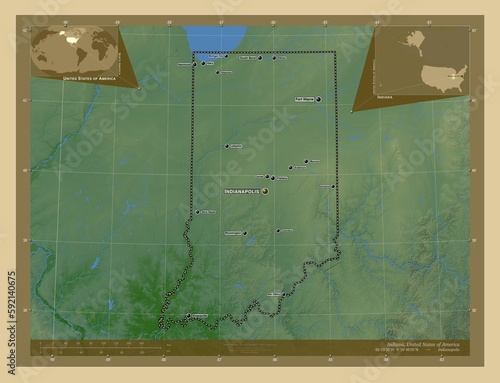 Indiana, United States of America. Physical. Labelled points of cities photo