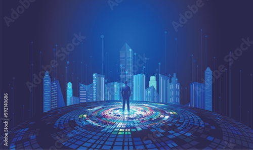 Merchants stand on a square wheel facing the future city skyline