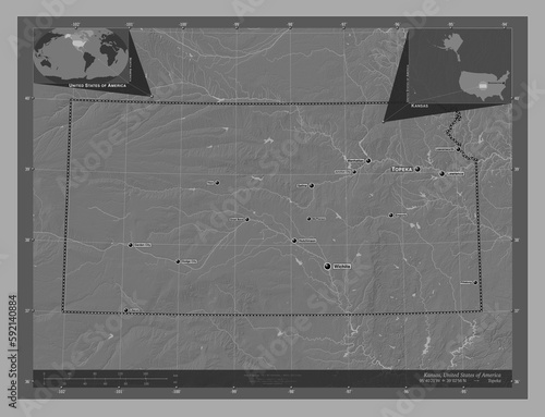 Kansas, United States of America. Bilevel. Labelled points of cities photo