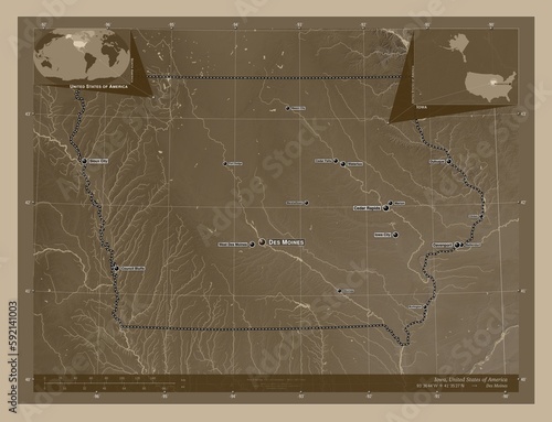 Iowa, United States of America. Sepia. Labelled points of cities photo