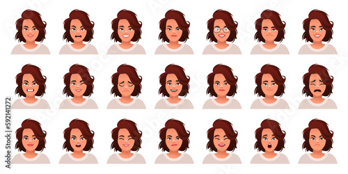 Set of different emotions of a cute caucasian woman with dark hair. Facial expression of a beautiful stylish young girl. Smile, happiness, anger, surprise, fear, sadness, etc.