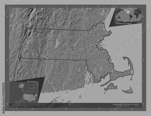Massachusetts, United States of America. Bilevel. Labelled points of cities