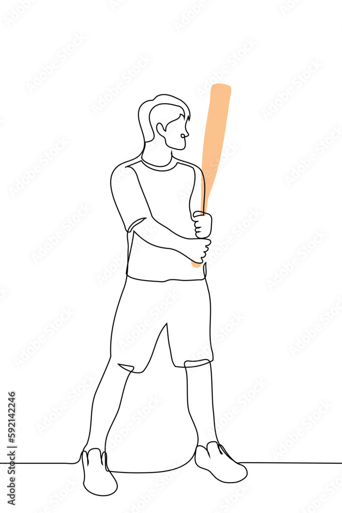 man in shorts and t-shirt stands in a rack ready to parry a blow with a wooden bat - one line drawing vector. concept training for baseball man in shorts and t-shirt stands in a rack ready to parry a blow with a wooden bat - one line drawing vector. concept training for baseball