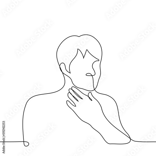 man holding his throat - one line drawing vector. concept sore throat, cracking voice
