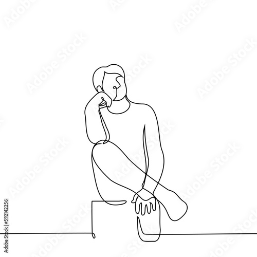 man sits on a stool with his legs crossed and resting his elbow on his knee props his head - one line drawing vector. concept thinker
