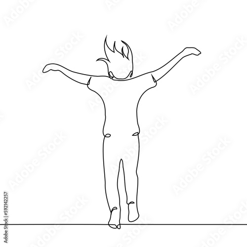 woman is jumping, her arms are outstretched like wings and her hair is full of a gust of wind - one line drawing vector. the concept of love of freedom, debt relief, getting rid of childhood trauma