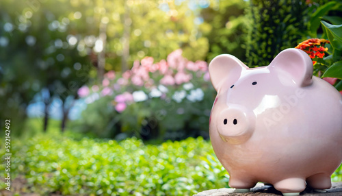A piggy bank in the garden. The image represents sustainability and money saving or inflation. Space for text. Copy text. Blank space. Banner / Header.