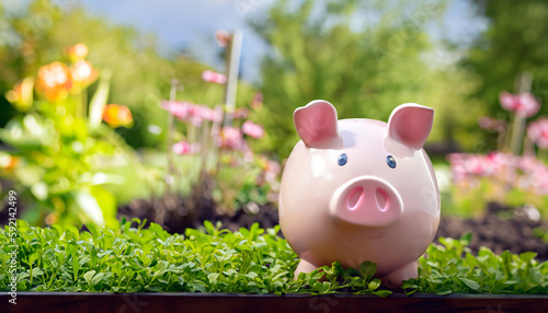 A piggy bank in the garden. The image represents sustainability and money saving or inflation. Space for text. Copy text. Blank space. Banner / Header.