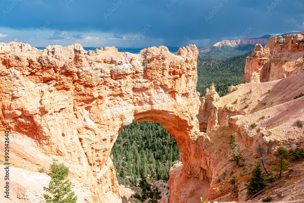 Scenic view Natural Bridge in Bryce Canyon National Park, Utah, USA. This arch, sculpted from the reddest rock of the Claron Formation. Hoodoo sandstone rock formation in unique natural amphitheatre