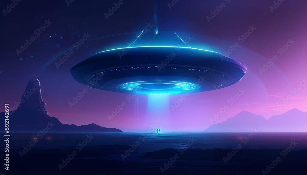 image of an illuminated UFO spaceship emerging from a portal in the sky, as a blue light envelops the surrounding area. Generative ai image of an illuminated UFO spaceship emerging from a portal in the sky, as a blue light envelops the surrounding area. Generative ai