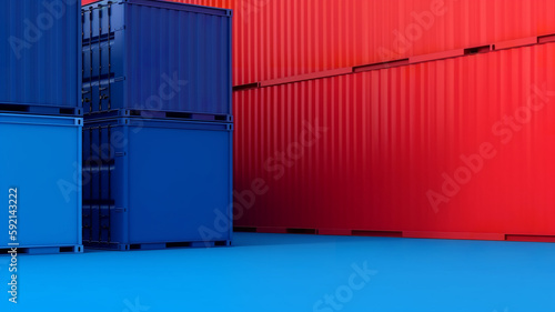 red and blue freight cargo containers on the blue surface - Generative AI