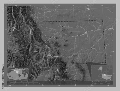 Montana, United States of America. Grayscale. Labelled points of cities photo