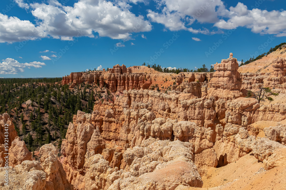 Panoramic aerial view on massive hoodoo sandstone rock formation towers in Bryce Canyon National Park, Utah, USA. Pine trees along Fairyland loop hiking trail. Unique nature in barren landscape