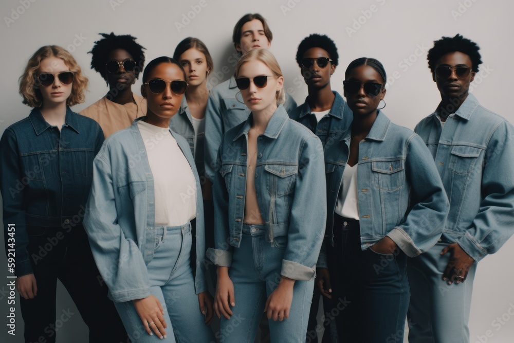 group of young people in jeans clothes and sunglasses standing together on grey background, selective focus, Generative AI group of young people in jeans clothes and sunglasses standing together on grey background, selective focus, Generative AI
