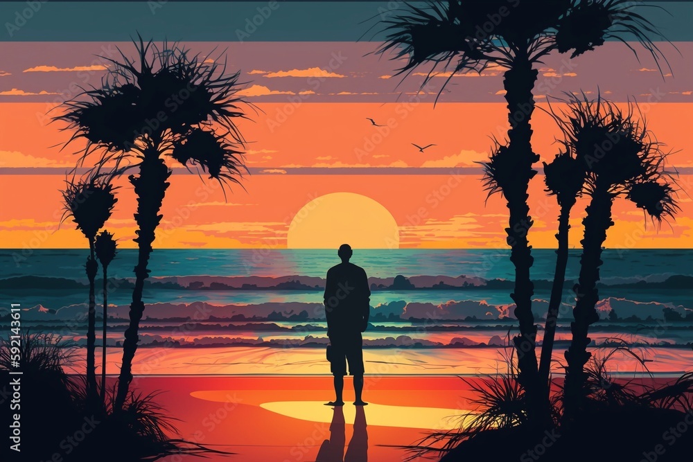 Silhouette of a man who is resting on the ocean. dramatic sunset, ocean and palm trees. AI Generated