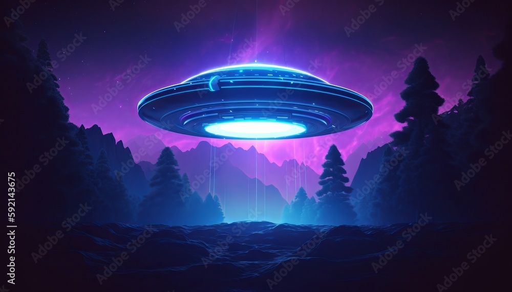 image of an illuminated UFO spaceship emerging from a portal in the sky, as a blue light envelops the surrounding area. Generative ai image of an illuminated UFO spaceship emerging from a portal in the sky, as a blue light envelops the surrounding area. Generative ai