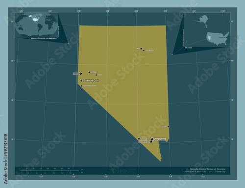 Nevada, United States of America. Solid. Labelled points of cities