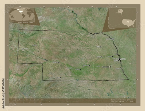 Nebraska, United States of America. High-res satellite. Labelled points of cities photo